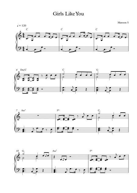 Girls Like You Arr Mercy P By Maroon 5 Sheet Music For Piano Solo