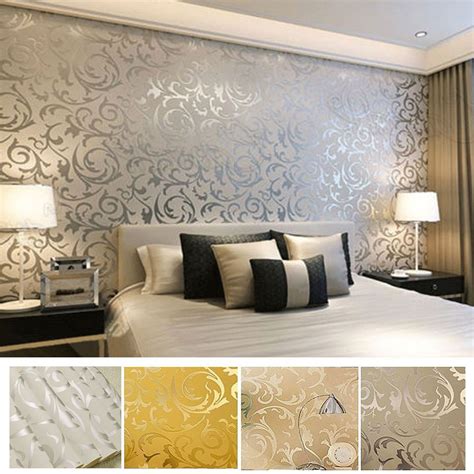 Silver Feature Wall Bedroom Victorian Damask Luxury - Luxury Bedroom ...