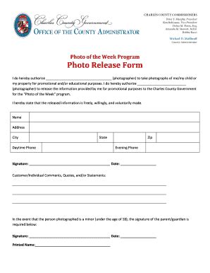 Fillable Online Charlescountymd Photo Release Form PDF