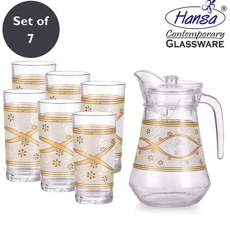 Buy Hansa Glass Water Jug And Glass 7 Pieces Golden 200 Ml 1480 Ml