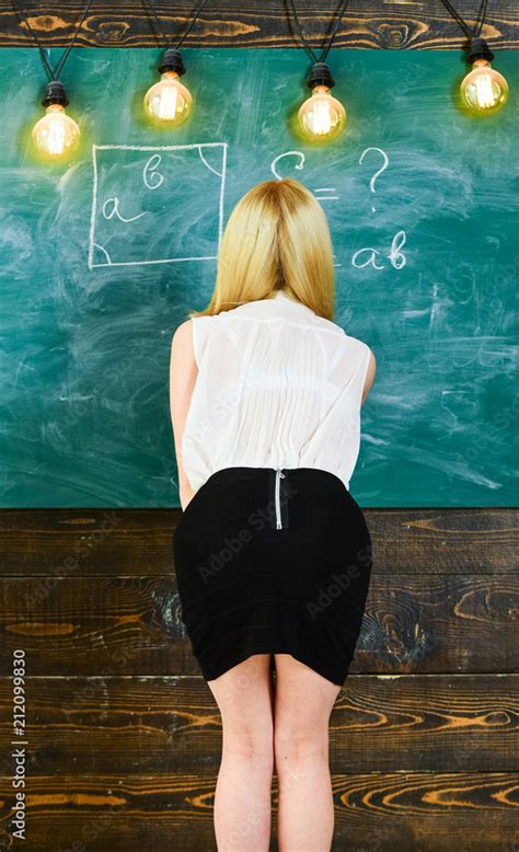 Lady Sexy Teacher In Short Skirt With Zip On Back Explaining Formula