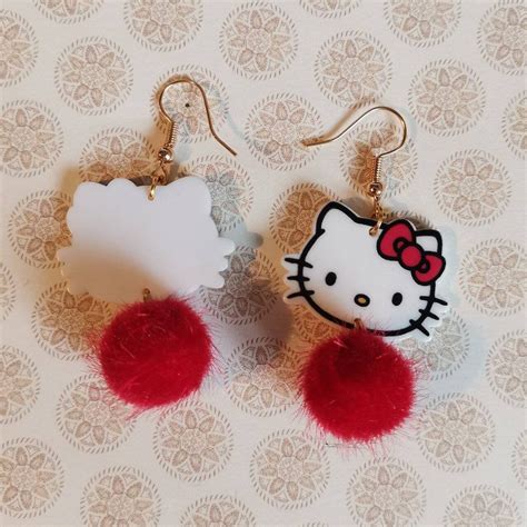 Hello Kitty Dangle Drop Earrings Fluffy Red Pom Poms Etsy