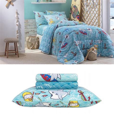 Kit 1 Jogo De Cama E 1 Kit Colcha Patchwork Shark Solteiro Infantil