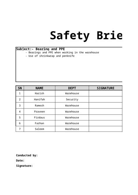 Xlsx Safety Brief Format Dokumentips