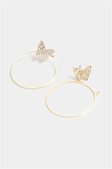 Gold Tone Diamante Butterfly Hoop Earrings Yours Clothing