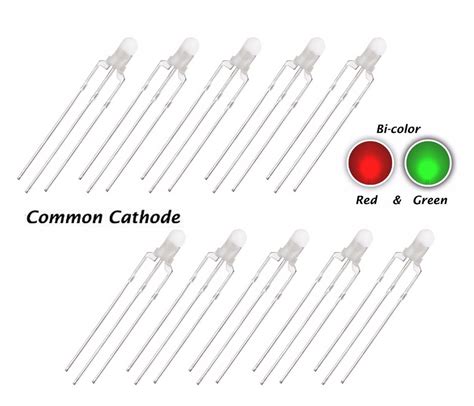 10 X 3mm LED Bi Colour Red Green Diffused Common Cathode All Top Notch