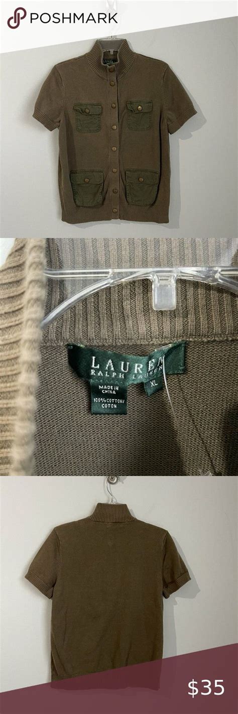 Lauren Ralph Lauren Green Short Sleeve Snap Front Sweater With Pockets