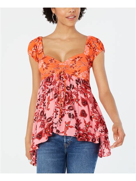 Free People Free People Womens Pink Lace Floral Cap Sleeve V Neck