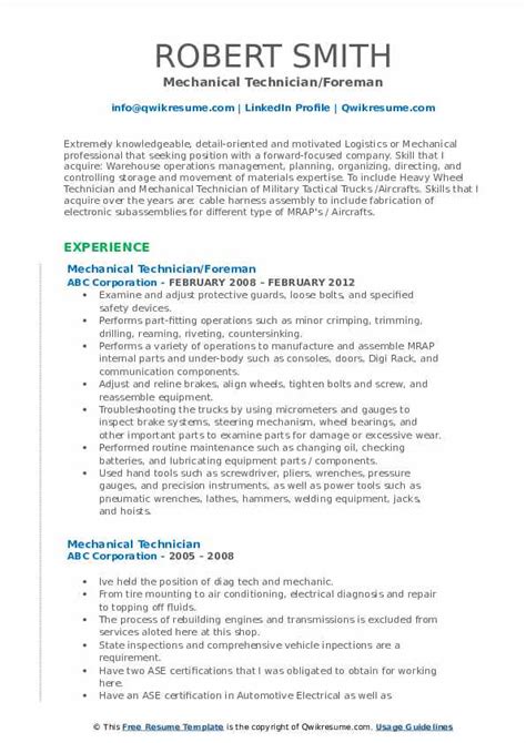 Mechanical Technician Resume Sample