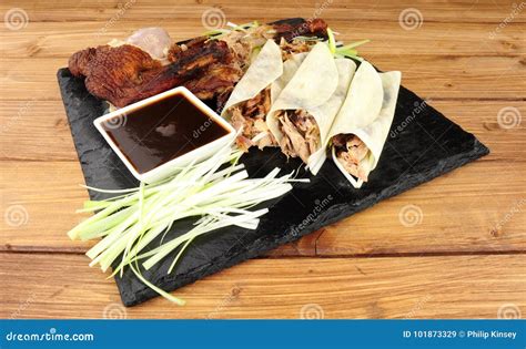 Chinese Aromatic Duck and Pancakes Stock Image - Image of plum, slate ...