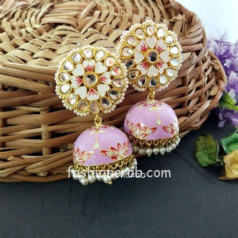 Floral Hand Painted Meenakari Light Purple Jhumka Earring FashionCrab