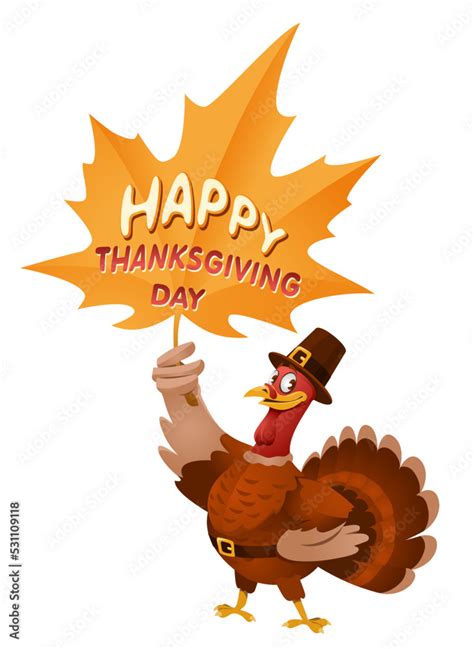 Happy Thanksgiving Day Cartoon Turkey In A Pilgrim Hat Holding Large