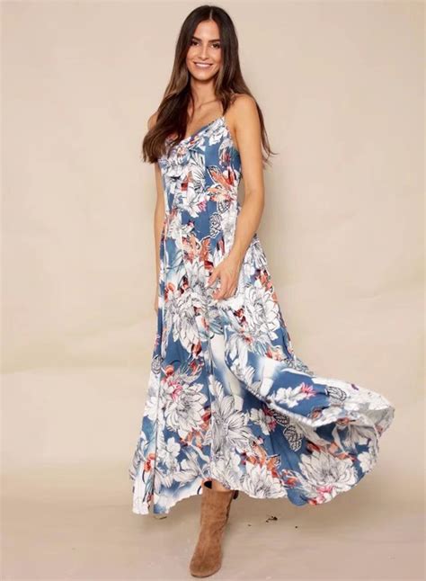 Floral Printed Spaghetti Strap Sleeveless High Waist Swing Maxi Dress