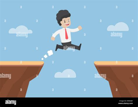 Businessman Jump Through The Gap Between Cliff Business Risk And