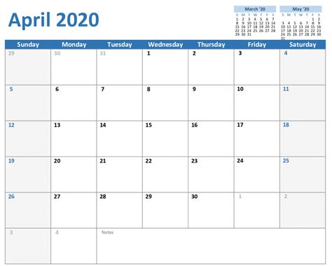 Editable April Calendar