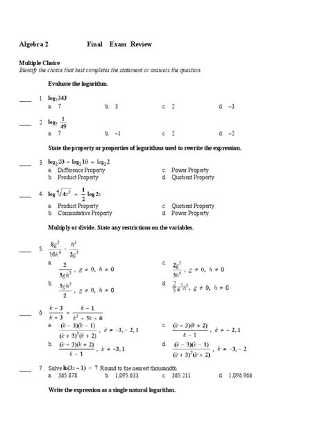 Algebra 2 Final Exam Review Doc Logarithm Exponential Function