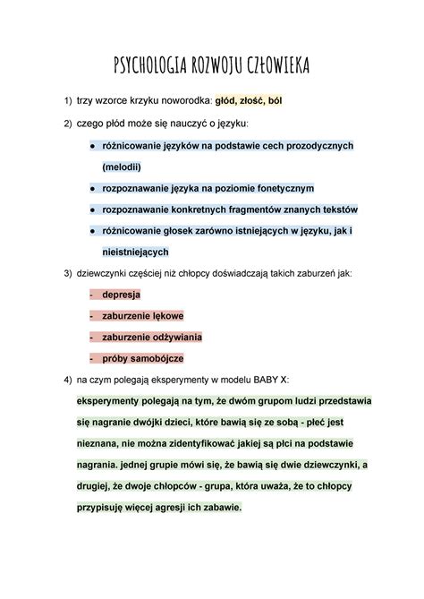 Psychologia rozwoju człowieka notatki z wykładów PSYCHOLOGIA