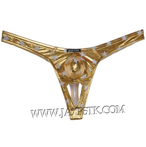 Sexy Men Ball Hole Faux Pouch Underwear Shiny Star T Back Nuts Out Bikini Thong Pants MUX
