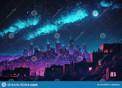 Neon Cityscape with Starry Night Sky, Providing a Magical Atmosphere ...