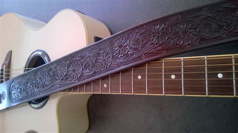 Hand Made Carved Leather Guitar Strap Hand Tooled Can Be Personalized With Your Initials