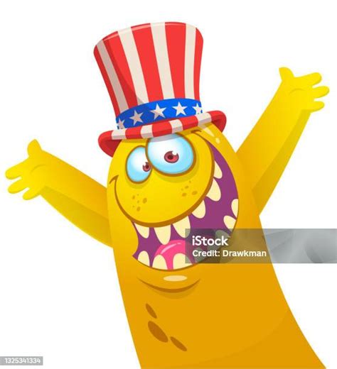 Kartun Monster Lucu Mengenakan Topi Paman Amerika Sam Pada Hari