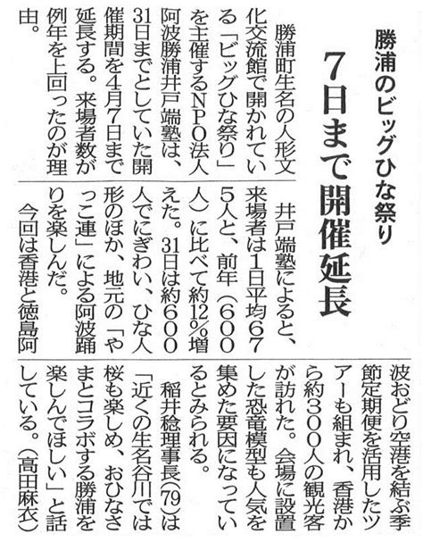 平成31年4月1日掲載新聞記事＜徳島新聞社＞ 勝浦町