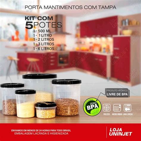 Kit Potes De Rosca Porta Mantimentos Tampa Preta Uninjet