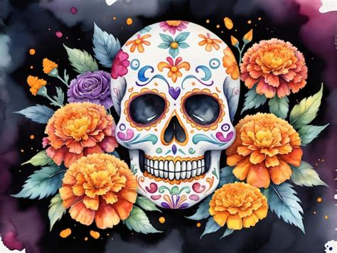 Premium Ai Image Watercolor Skull With Flowers