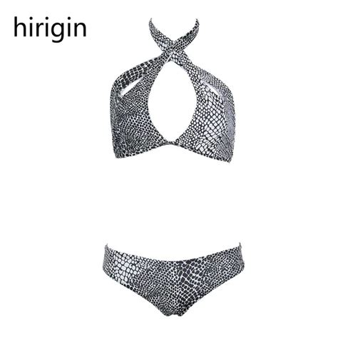 New 2 PCS Snake Print Bikini Set Women Swimsuit Sexy Halter Bandage Swimwear Triangle Push Up
