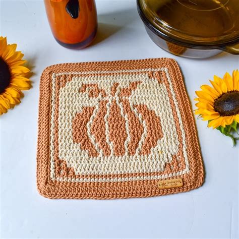 Pumpkin Mosaic Crochet Hot Pad Stardust Gold Crochet