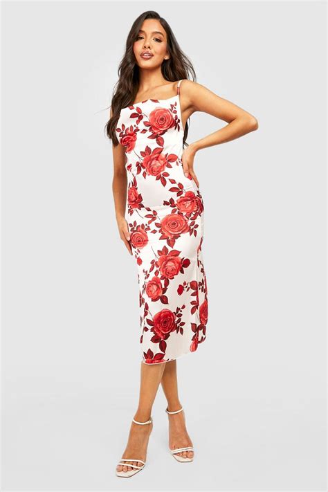 Womens Satin Rose Print Bodycon Dress Boohoo Uk