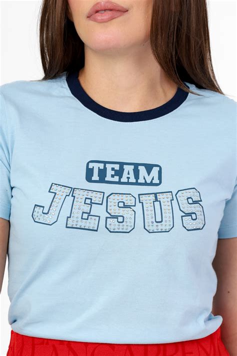 T SHIRT TEAM JESUS STRAS GOLA BICOLOR AZUL BEBE Atacado Tshirt