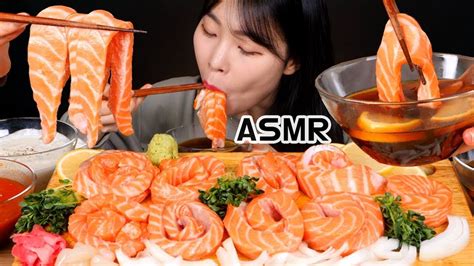 Asmr Mukbang 연어국수 간장소스 연어소스 초장소스에 찍어서 생연어 리얼사운드 먹방 Raw Salmon