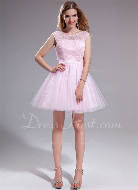 A Line Princess Scoop Neck Short Mini Tulle Lace Prom Dresses With