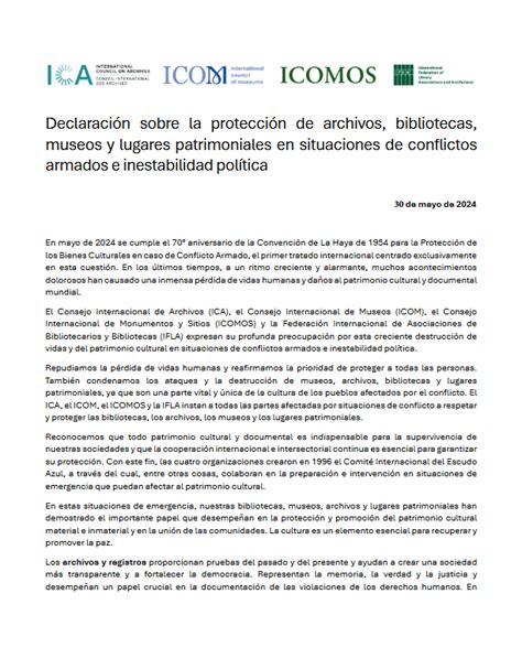 Declaraci N Del Ica El Icom El Icomos Y La Ifla Sobre La Protecci N