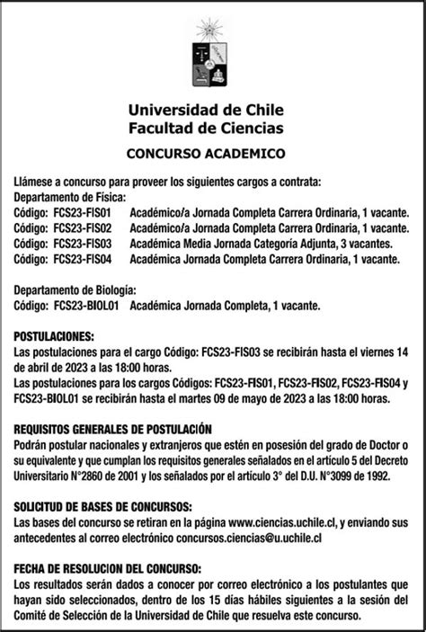 Llamado A Concurso Académico Biología Y Física Universidad De Chile