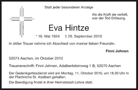 Traueranzeigen Von Eva Hintze Aachen Gedenkt