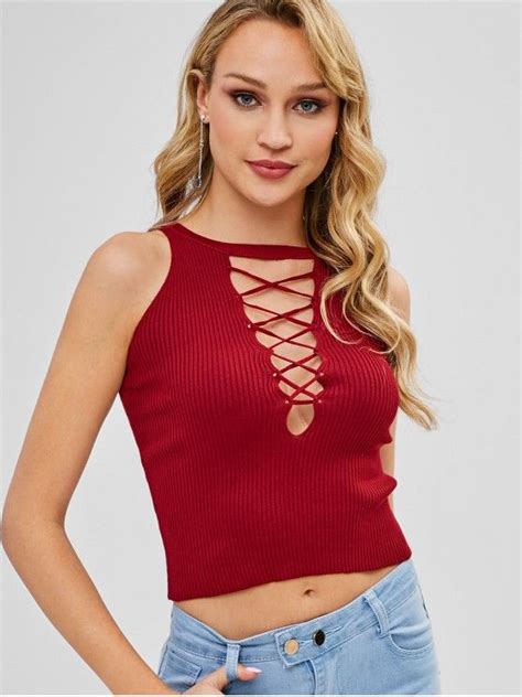 [17 Off] 2021 Criss Cross Crop Knitted Tank Top In Red Wine Zaful