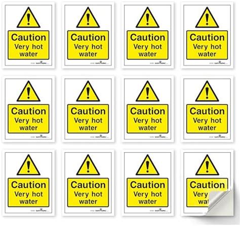 SAFETYKING 12 X Caution Hot Water Stickers 68mm Diameter Rectangle Caution Very Hot Water