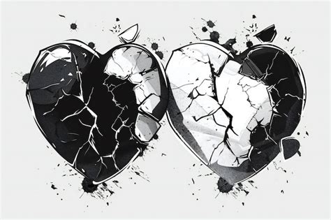 Broken heart on a white background Black and white illustration | Premium AI-generated image