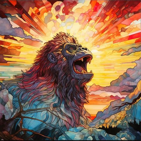 Premium Photo | Painting of a lion roaring at the sun with clouds in ...