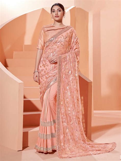 Silk Fabric Indian Wedding Saree Peach Colour