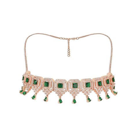 Buy Accessher Rose Gold Plated American Diamond Green Gemstone Studded