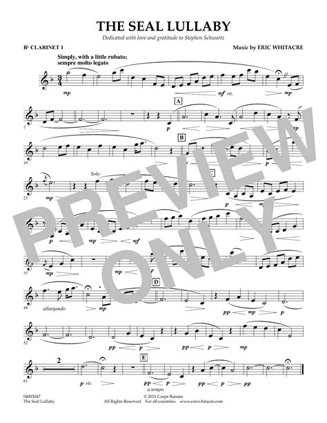 The Seal Lullaby Bb Clarinet 1 By Eric Whitacre Sheet Music For