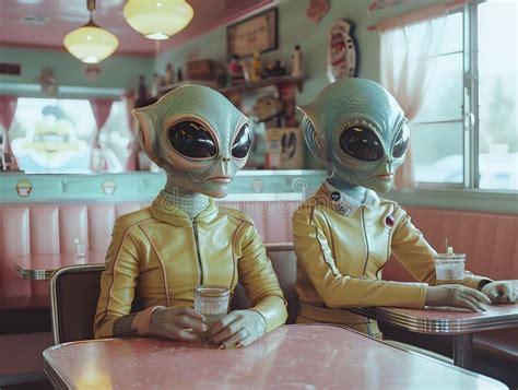 Two Aliens Are Sitting At A Table In A Diner Stock Illustration