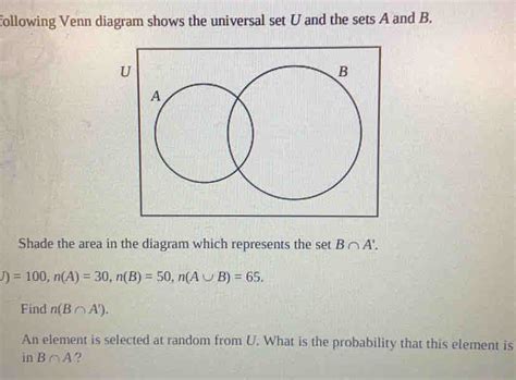 Solved Following Venn Diagram Shows The Universal Set U And The Sets A