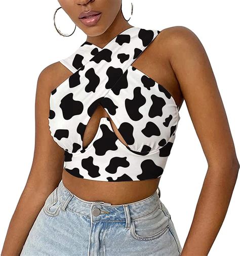 Women Sexy Crop Tank Top Y2K E Girls Halter Criss Cross Cut Out