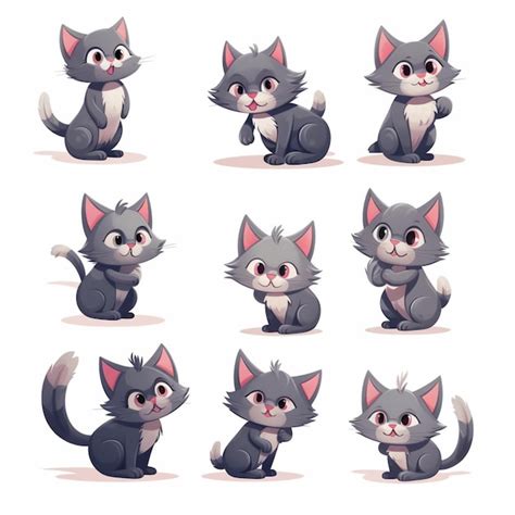 Gato De Dibujos Animados Posa Con Diferentes Expresiones Y Expresiones