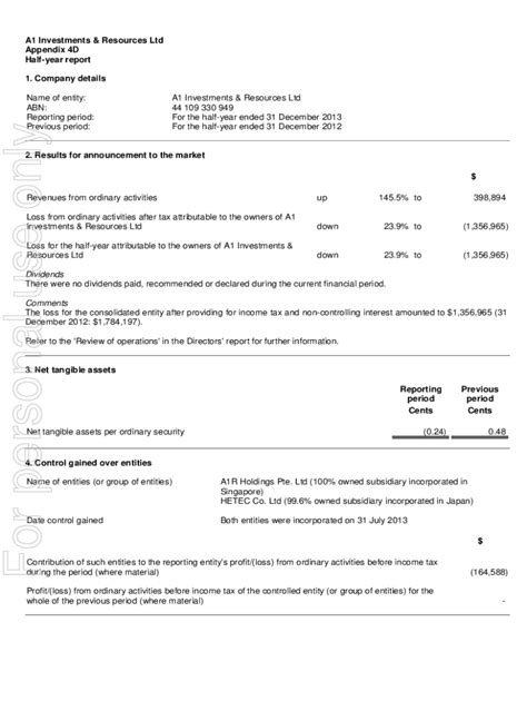 Fillable Online Appendix 4d Half Year Report For The Period Ended 30