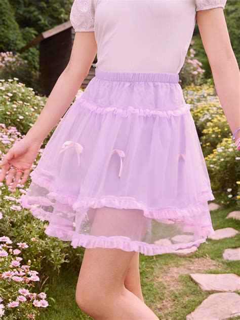 ROMWE Kawaii Bow Frill Contrast Mesh Skirt